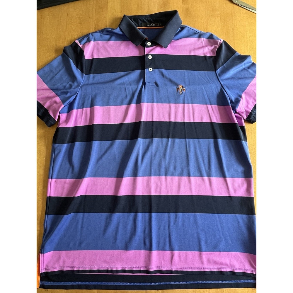 RLX Ralph Lauren Men's Polo Shirt Pink Blue Navy Striped Size XL Embroidered